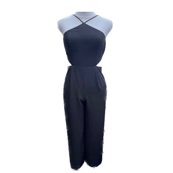 Bebe Wide Leg Cropped Length Halter Cut-out Jumpsuit Black Size 6 - Picture 3 of 14